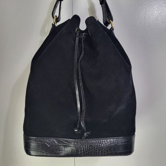 ISADORA Suede Leather Bucket Pouch Purse Shoulder Bag Black Drawstring Italy - Picture 1 of 14